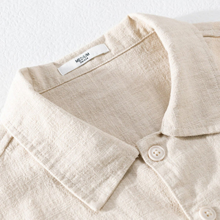 Koszula męska z długim rękawem z bawełny i lnu Buddha Stones Commute Fall w jednolitym kolorze z klapami i kieszenią - image 1