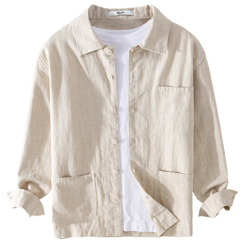 Koszula męska z długim rękawem z bawełny i lnu Buddha Stones Commute Fall w jednolitym kolorze z klapami i kieszenią - image 7