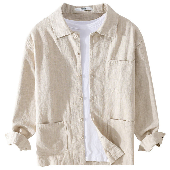 Koszula męska z długim rękawem z bawełny i lnu Buddha Stones Commute Fall w jednolitym kolorze z klapami i kieszenią - image 7