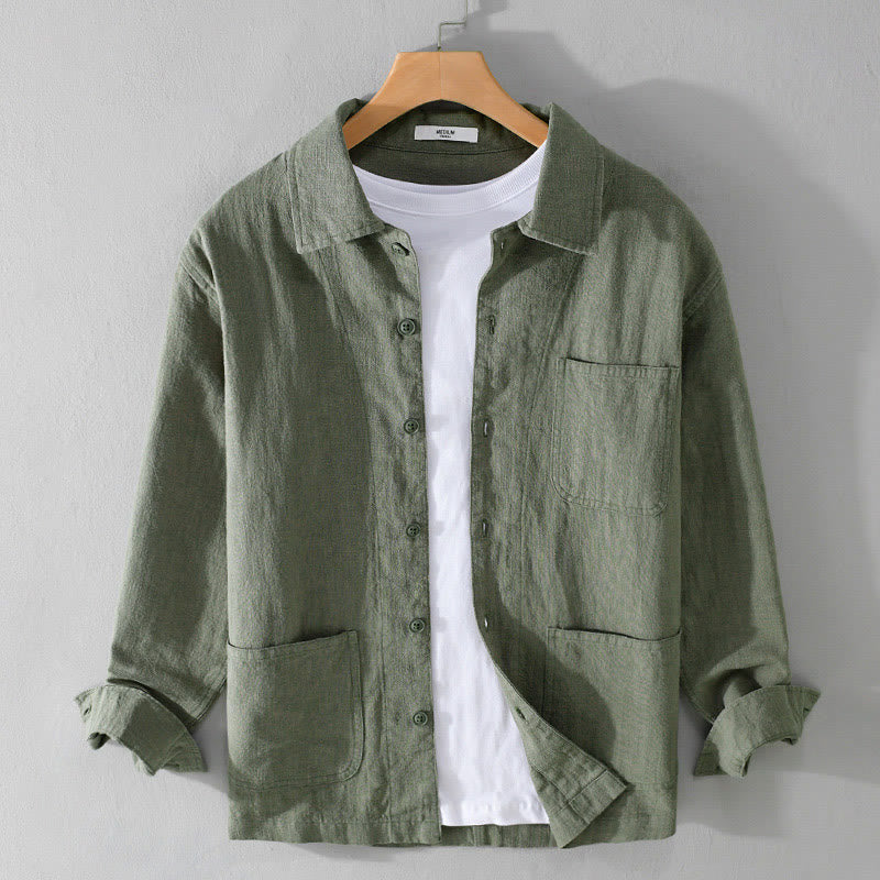 Koszula męska z długim rękawem z bawełny i lnu Buddha Stones Commute Fall w jednolitym kolorze z klapami i kieszenią - MediumSeaGreen - US/UK/AU42， EU52 (3XL) - image 20