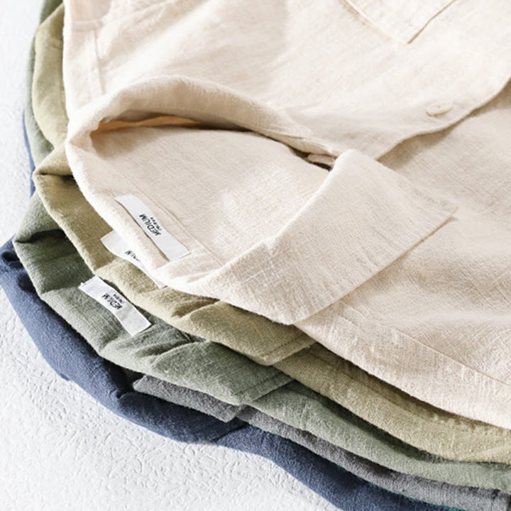 Koszula męska z długim rękawem z bawełny i lnu Buddha Stones Commute Fall w jednolitym kolorze z klapami i kieszenią - image 36