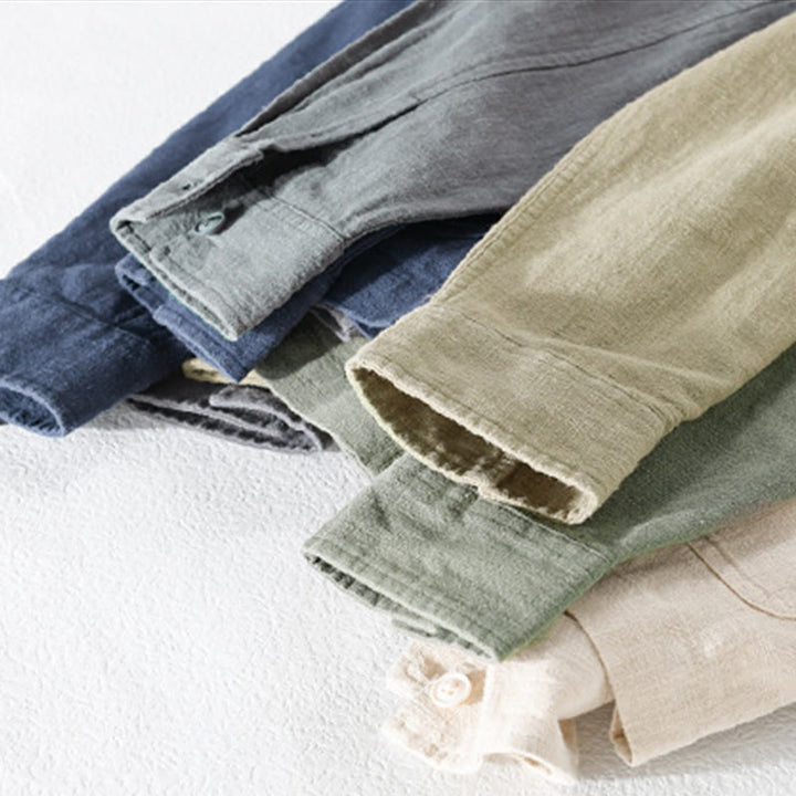 Koszula męska z długim rękawem z bawełny i lnu Buddha Stones Commute Fall w jednolitym kolorze z klapami i kieszenią - image 37