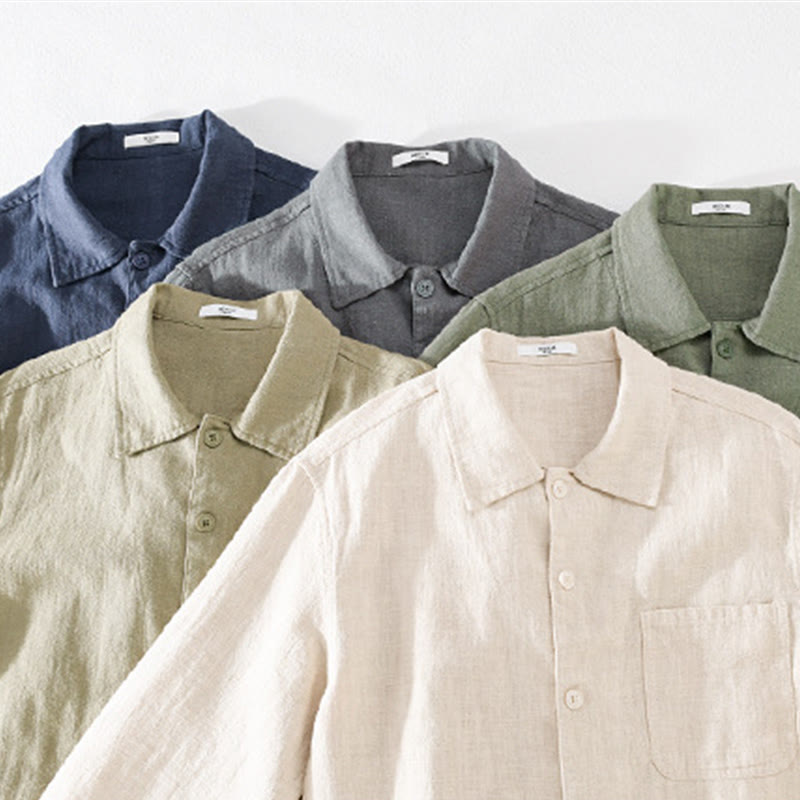 Koszula męska z długim rękawem z bawełny i lnu Buddha Stones Commute Fall w jednolitym kolorze z klapami i kieszenią - image 35