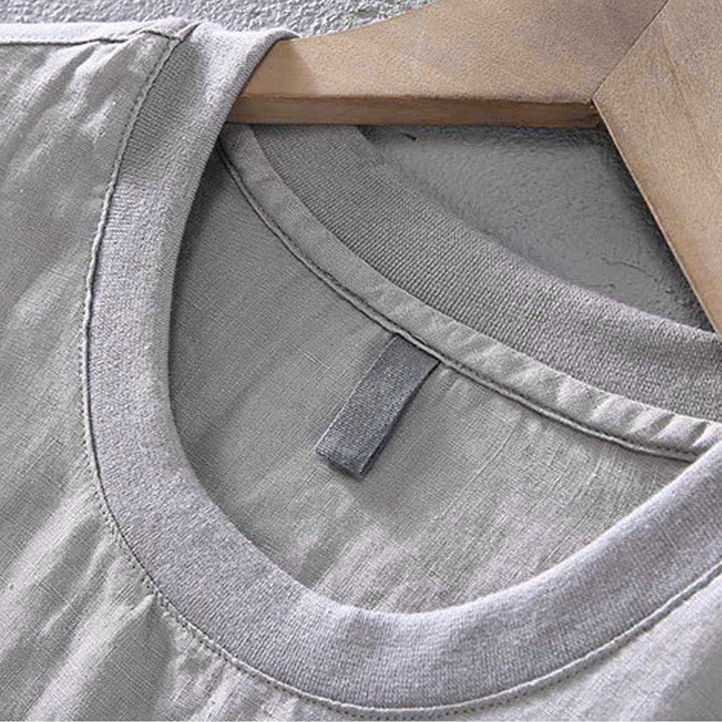 Koszula męska z krótkim rękawem i kieszenią, lniana, z okrągłym dekoltem i prostym wzorem „Buddha Stones” - image 3