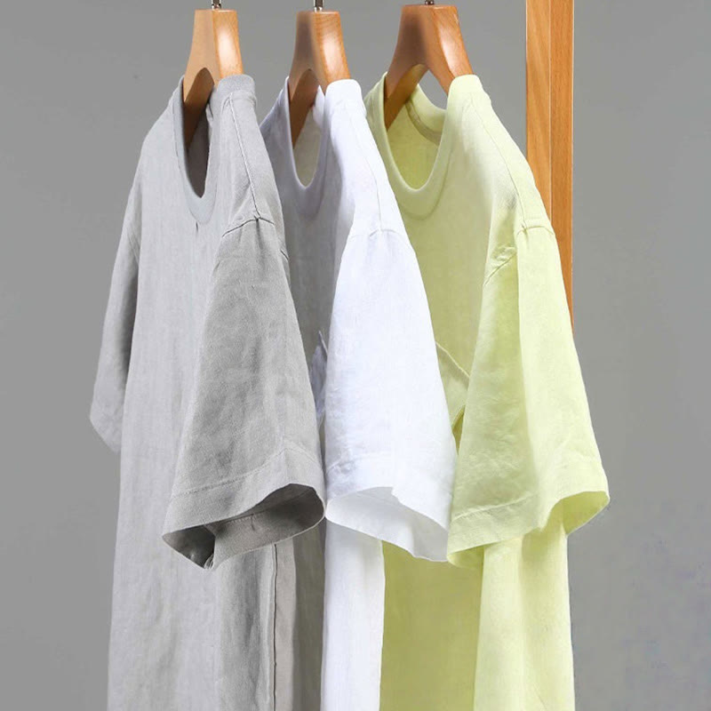 Koszula męska z krótkim rękawem i kieszenią, lniana, z okrągłym dekoltem i prostym wzorem „Buddha Stones” - image 12