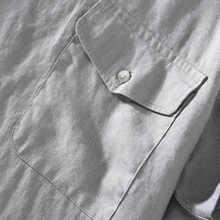 Koszula męska z krótkim rękawem i kieszenią, lniana, z okrągłym dekoltem i prostym wzorem „Buddha Stones” - image 5