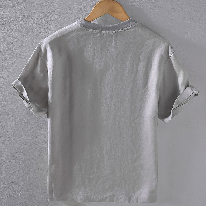 Koszula męska z krótkim rękawem i kieszenią, lniana, z okrągłym dekoltem i prostym wzorem „Buddha Stones” - image 1