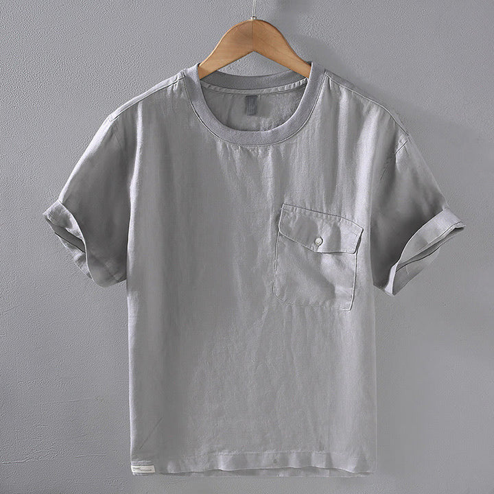 Koszula męska z krótkim rękawem i kieszenią, lniana, z okrągłym dekoltem i prostym wzorem „Buddha Stones” - Ciemnoszary - US/UK/AU42， EU52 (3XL) - image 0