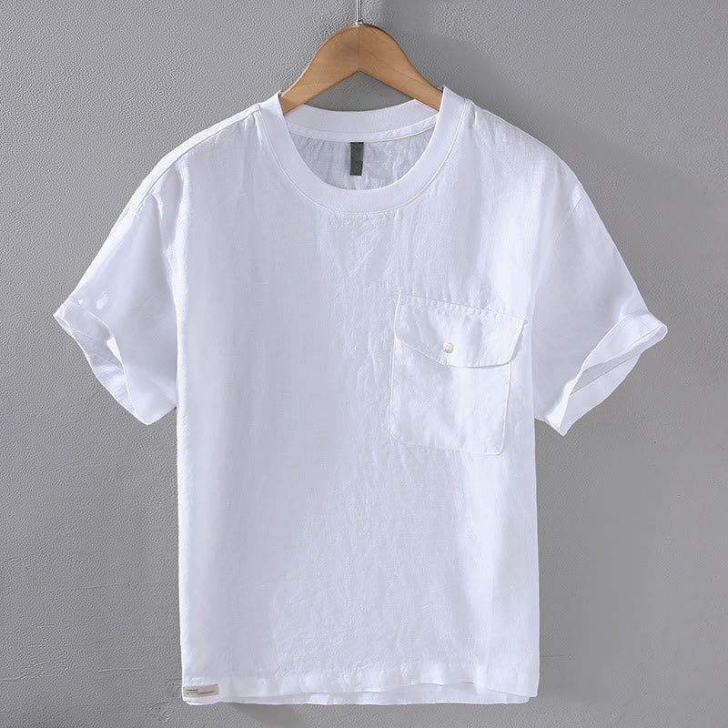 Koszula męska z krótkim rękawem i kieszenią, lniana, z okrągłym dekoltem i prostym wzorem „Buddha Stones” - Biały - US/UK/AU42， EU52 (3XL) - image 11