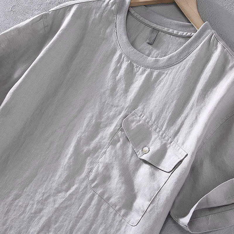 Koszula męska z krótkim rękawem i kieszenią, lniana, z okrągłym dekoltem i prostym wzorem „Buddha Stones” - image 4