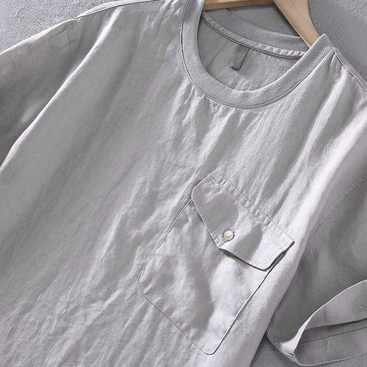 Koszula męska z krótkim rękawem i kieszenią, lniana, z okrągłym dekoltem i prostym wzorem „Buddha Stones” - image 4