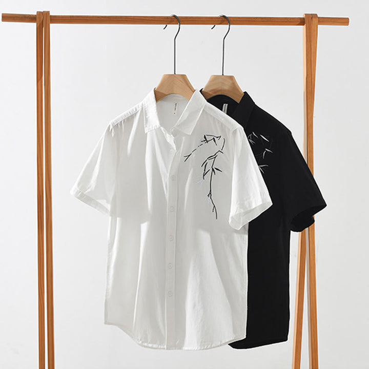 Buddha Stones Artystyczny Prosty Wzór Haftowany Wzór Bambusa Męska Koszulka Z Krótkim Rękawem Bawełniana - image 14