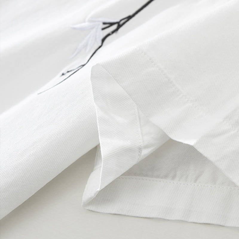 Buddha Stones Artystyczny Prosty Wzór Haftowany Wzór Bambusa Męska Koszulka Z Krótkim Rękawem Bawełniana - image 11