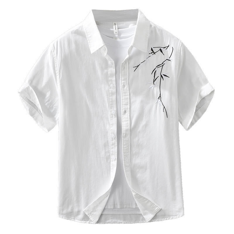 Buddha Stones Artystyczny Prosty Wzór Haftowany Wzór Bambusa Męska Koszulka Z Krótkim Rękawem Bawełniana - image 13