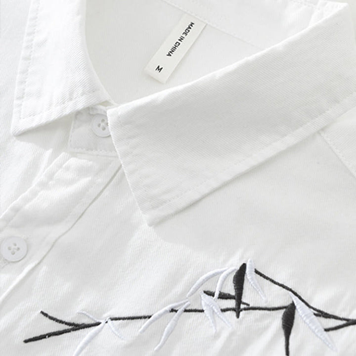 Buddha Stones Artystyczny Prosty Wzór Haftowany Wzór Bambusa Męska Koszulka Z Krótkim Rękawem Bawełniana - image 5