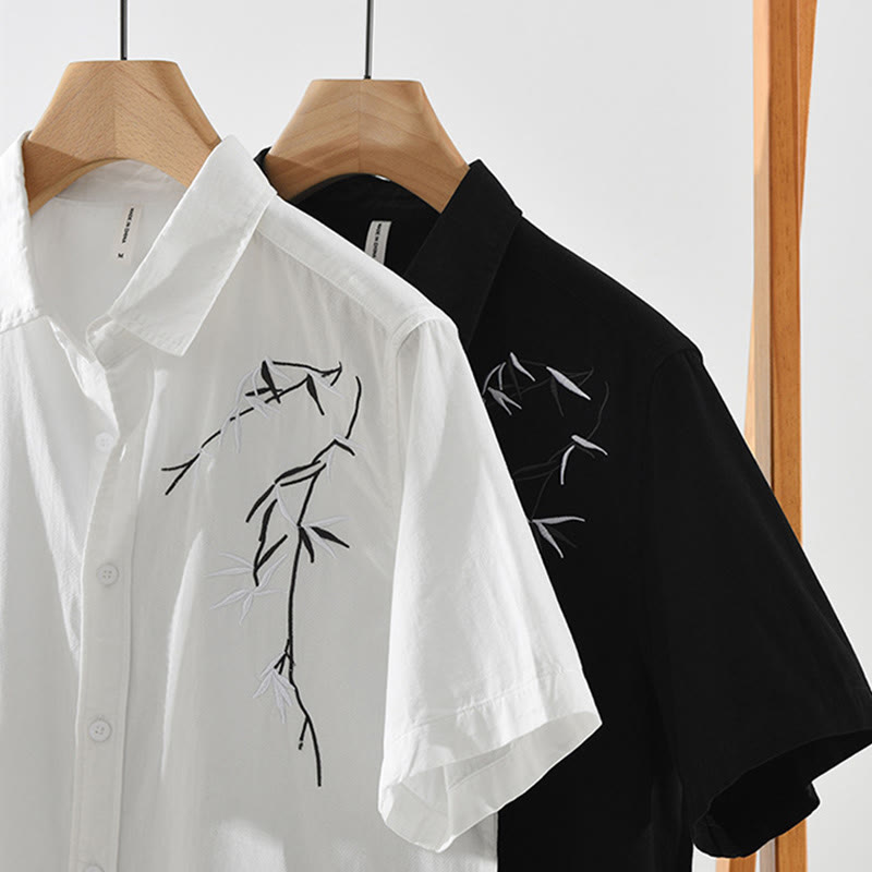 Buddha Stones Artystyczny Prosty Wzór Haftowany Wzór Bambusa Męska Koszulka Z Krótkim Rękawem Bawełniana - image 15