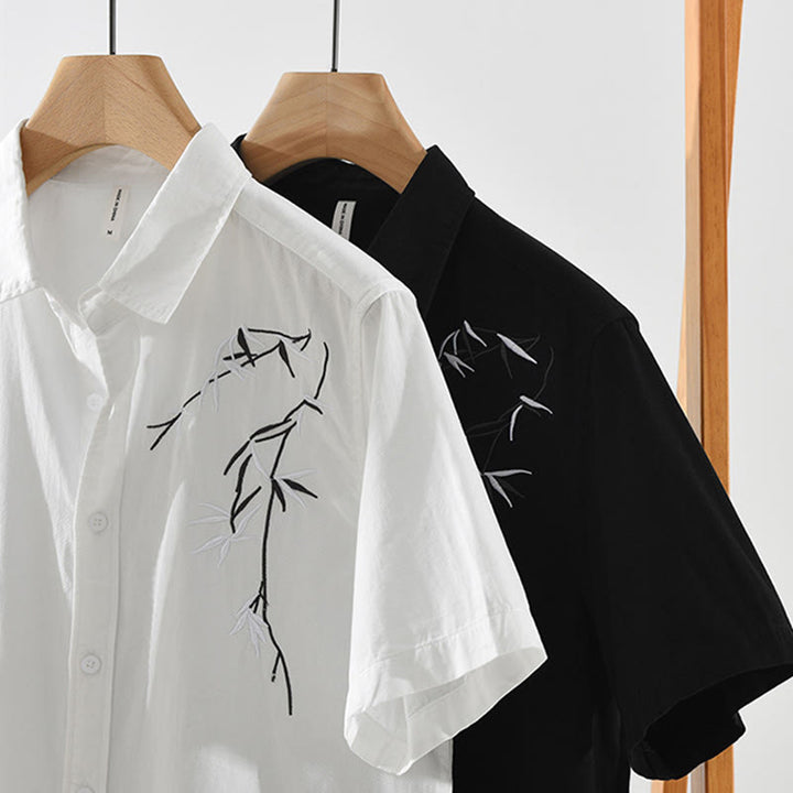 Buddha Stones Artystyczny Prosty Wzór Haftowany Wzór Bambusa Męska Koszulka Z Krótkim Rękawem Bawełniana - image 15