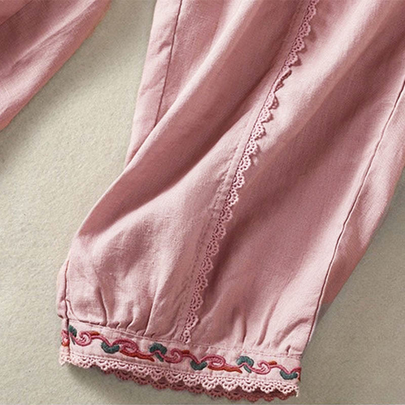 Buddha Stones Casualowe Gładkie Koronkowe Boczne Wzory 7-8 Długość Bawełna Lniane Damskie Spodnie Harem Z Kieszeniami - image 14