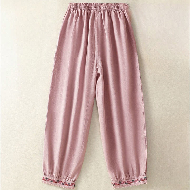 Buddha Stones Casualowe Gładkie Koronkowe Boczne Wzory 7-8 Długość Bawełna Lniane Damskie Spodnie Harem Z Kieszeniami - image 9