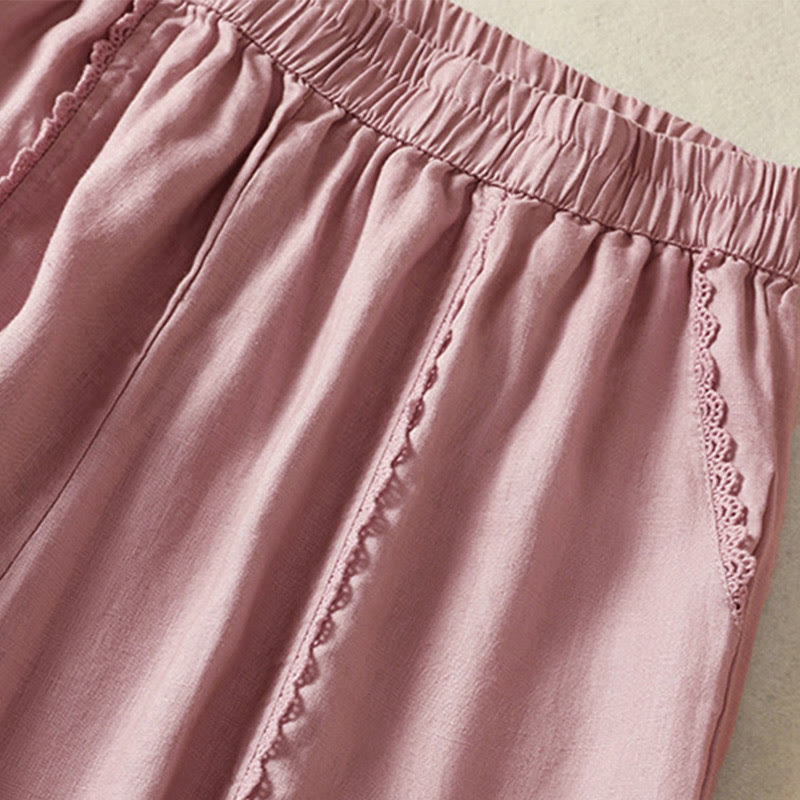 Buddha Stones Casualowe Gładkie Koronkowe Boczne Wzory 7-8 Długość Bawełna Lniane Damskie Spodnie Harem Z Kieszeniami - image 11