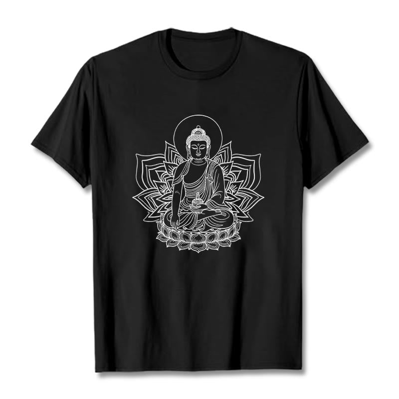 Buddha Stones Medycyna Budda Siedzący Na Postumencie Lotosu Koszulka T-shirt - Czarny - 2XL - image 1