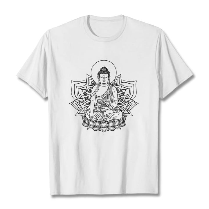 Buddha Stones Medycyna Budda Siedzący Na Postumencie Lotosu Koszulka T-shirt - Biały - 2XL - image 5