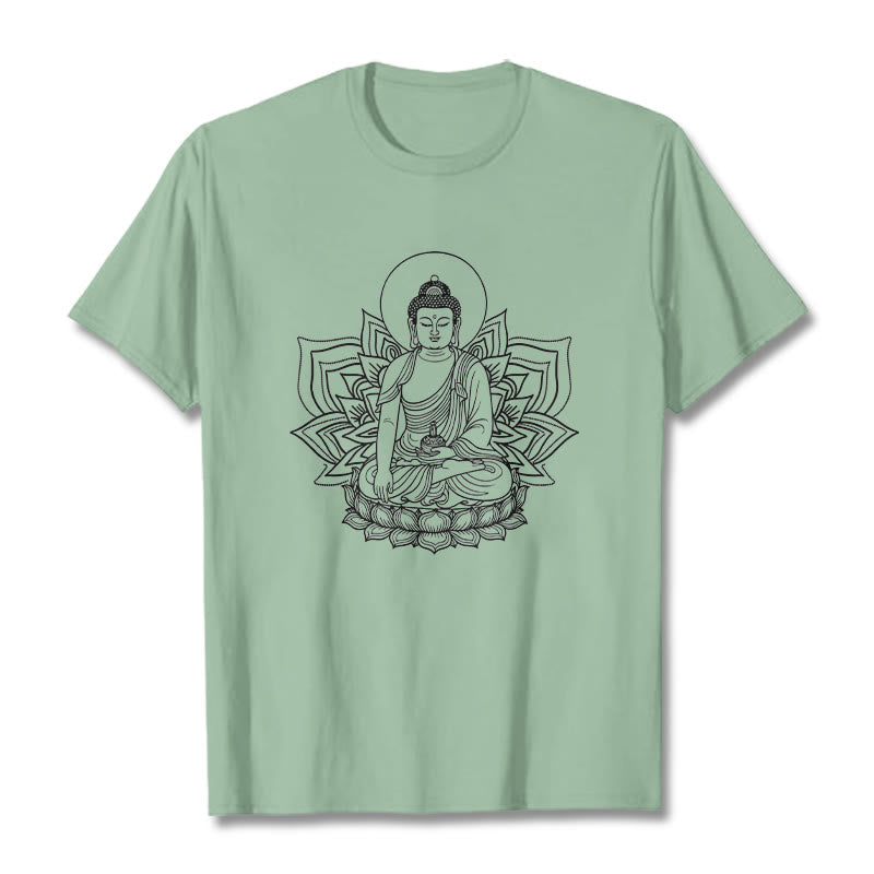 Buddha Stones Medycyna Budda Siedzący Na Postumencie Lotosu Koszulka T-shirt - PaleGreen - 2XL - image 15