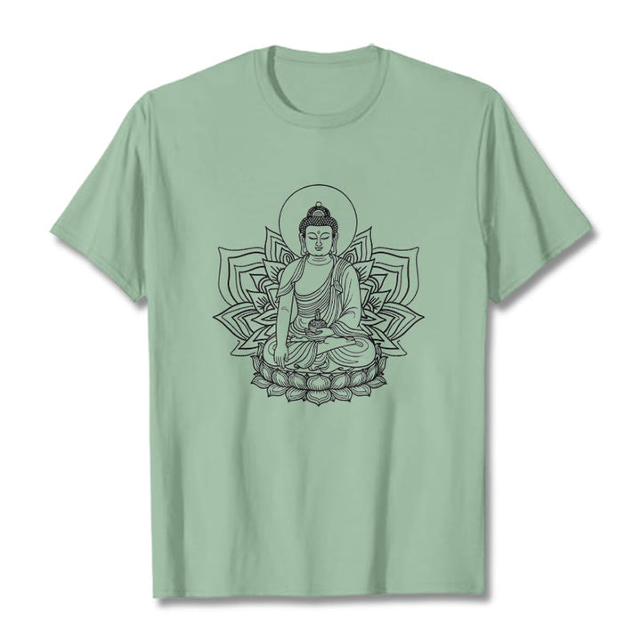 Buddha Stones Medycyna Budda Siedzący Na Postumencie Lotosu Koszulka T-shirt - PaleGreen - 2XL - image 14