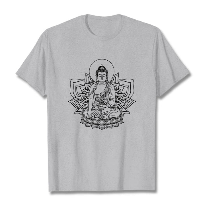 Buddha Stones Medycyna Budda Siedzący Na Postumencie Lotosu Koszulka T-shirt - Jasnoszary - 2XL - image 19
