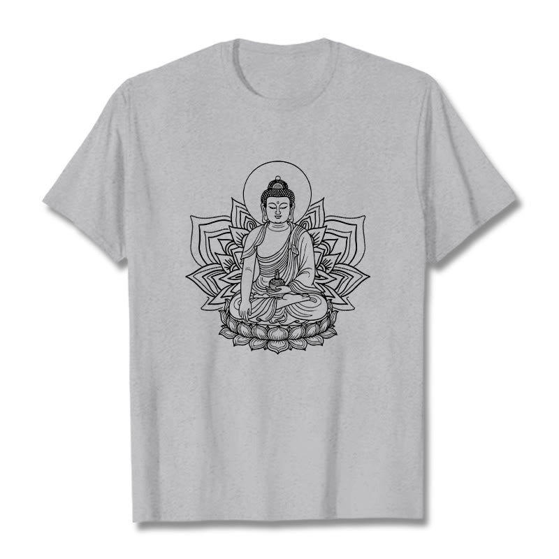 Buddha Stones Medycyna Budda Siedzący Na Postumencie Lotosu Koszulka T-shirt - Jasnoszary - 2XL - image 20