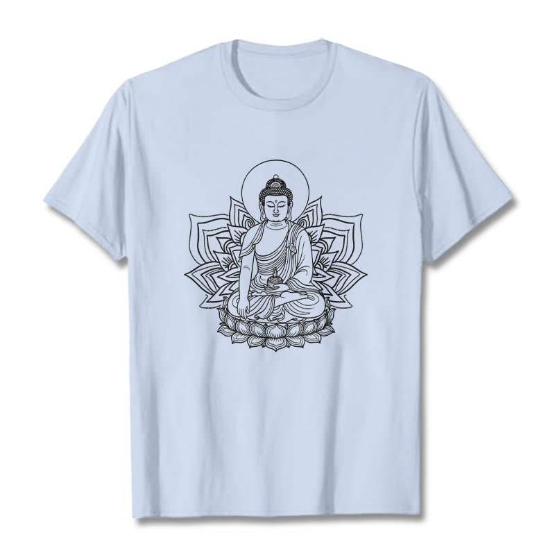 Buddha Stones Medycyna Budda Siedzący Na Postumencie Lotosu Koszulka T-shirt - Jasnoniebieski - 2XL - image 18