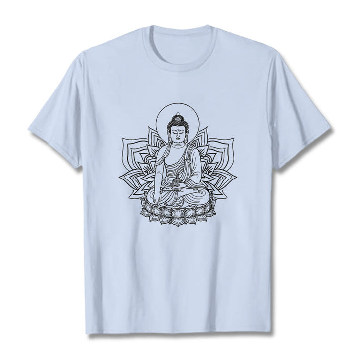 Buddha Stones Medycyna Budda Siedzący Na Postumencie Lotosu Koszulka T-shirt - Jasnoniebieski - 2XL - image 18