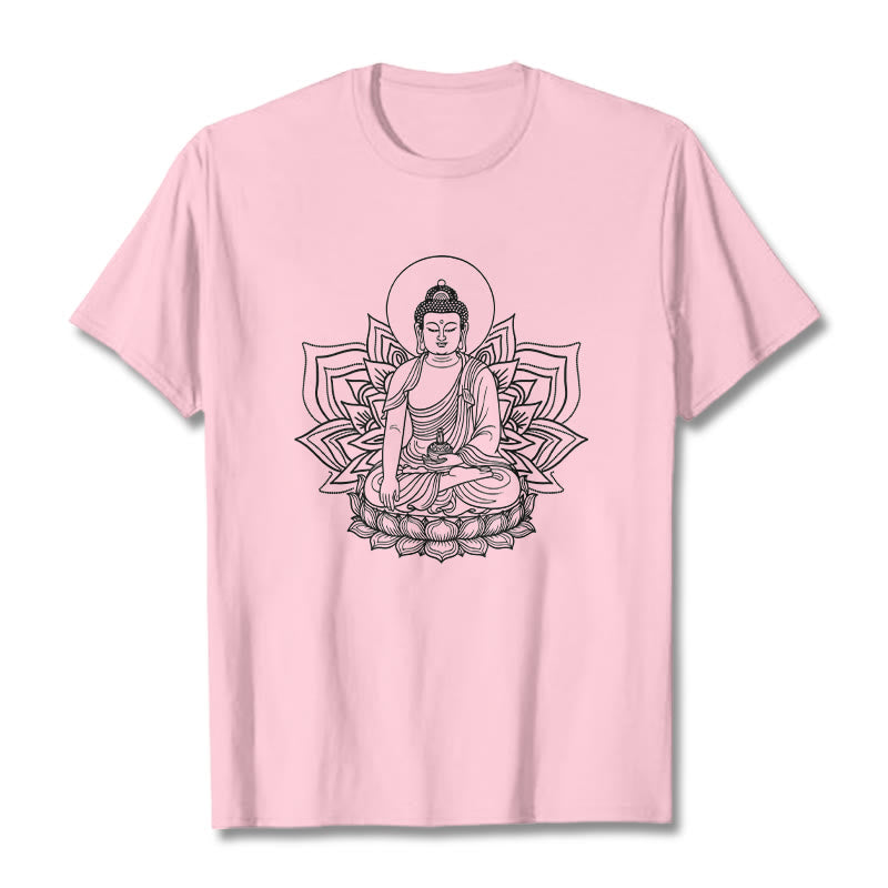 Buddha Stones Medycyna Budda Siedzący Na Postumencie Lotosu Koszulka T-shirt - Jasnoróżowy - 2XL - image 12