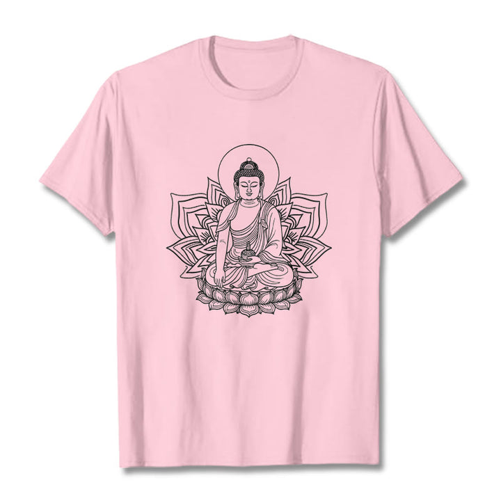 Buddha Stones Medycyna Budda Siedzący Na Postumencie Lotosu Koszulka T-shirt - Jasnoróżowy - 2XL - image 12