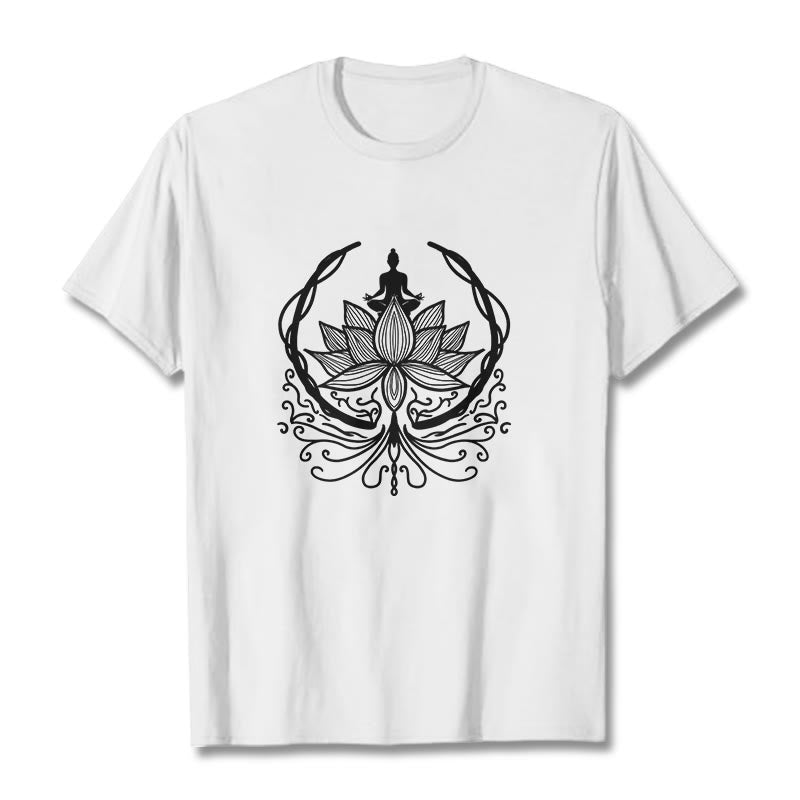Buddha Stones Medytacja Budda Siedzący Wewnątrz Kwiatu Lotosu Koszulka T-shirt - Biały - 2XL - image 0