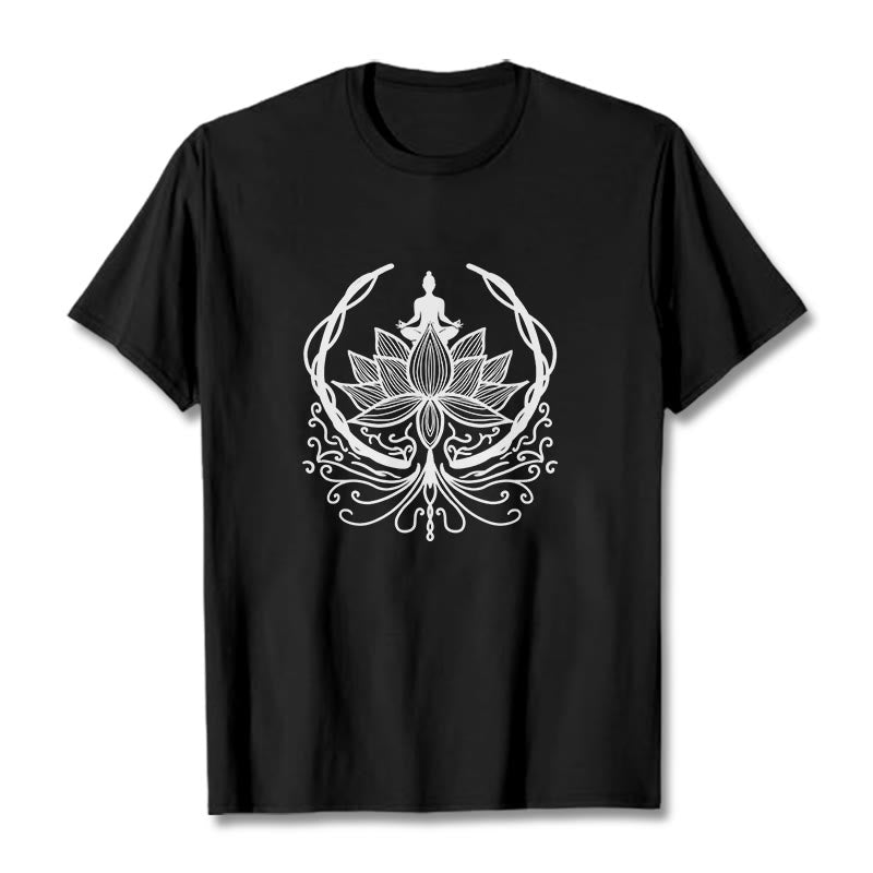 Buddha Stones Medytacja Budda Siedzący Wewnątrz Kwiatu Lotosu Koszulka T-shirt - Czarny - 2XL - image 6