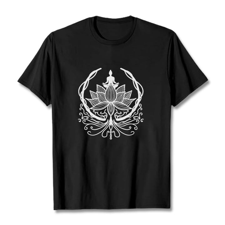 Buddha Stones Medytacja Budda Siedzący Wewnątrz Kwiatu Lotosu Koszulka T-shirt - Czarny - 2XL - image 6