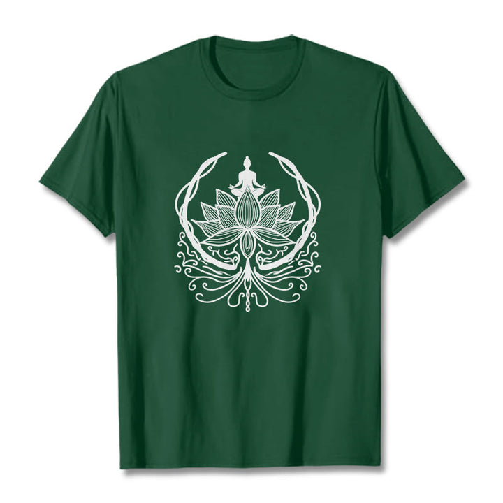 Buddha Stones Medytacja Budda Siedzący Wewnątrz Kwiatu Lotosu Koszulka T-shirt - ForestGreen - 2XL - image 4