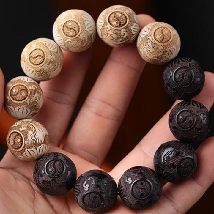 Buddha Stones hebanowe Drewno kamforowe Yin Yang Wół Grawerowana Bransoletka Pokoju - image 4