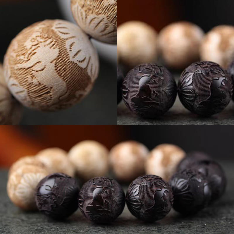 Buddha Stones hebanowe Drewno kamforowe Yin Yang Wół Grawerowana Bransoletka Pokoju - image 9