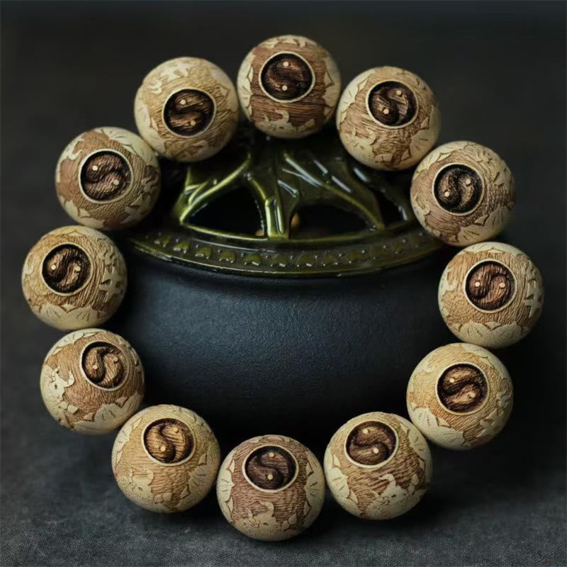 Bransoletka z Buddha Stones , drewnem kamforowym, wołem Yin Yang i grawerowaną czystością - Drewno kamforowe (obwód nadgarstka 14-17 cm) - image 1