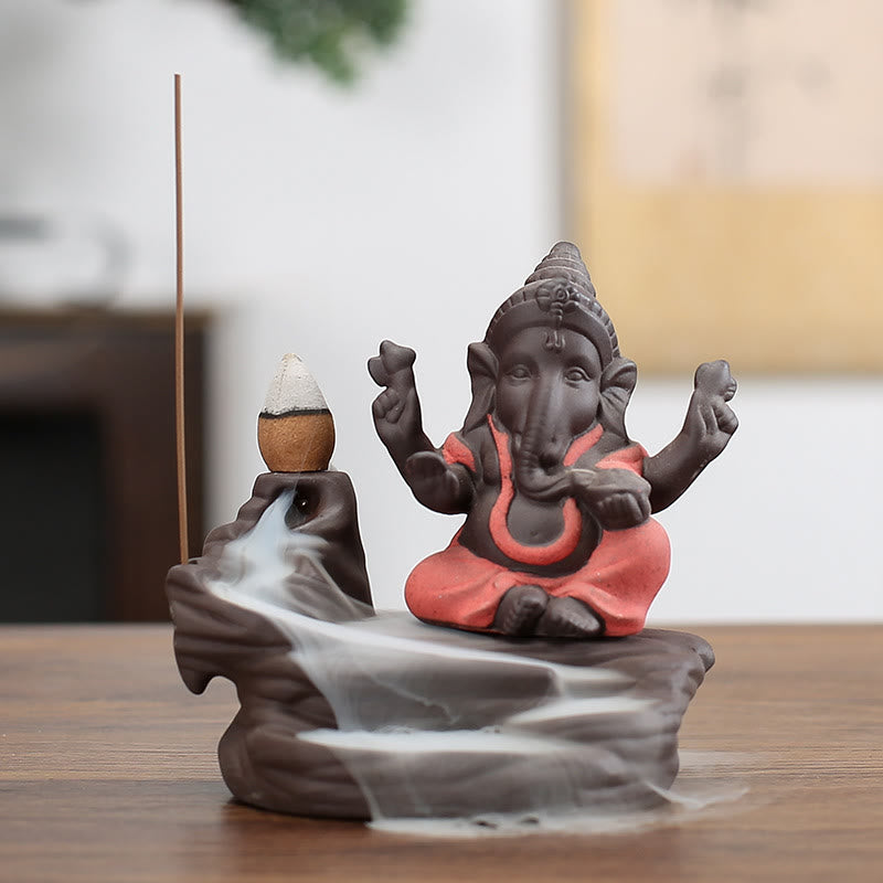 Buddha Stones Ganesh Słoń Fioletowa Glina Fontanna Dymna Cofania Ochrona Pałeczka Kadzidełka - Pomarańczowy 10,1*11 cm - image 2