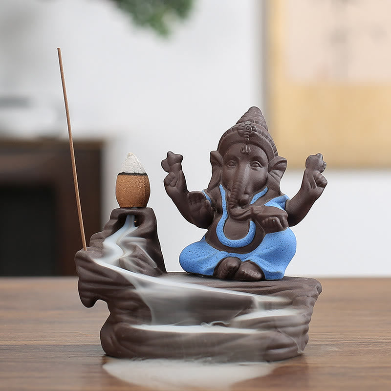 Buddha Stones Ganesh Słoń Fioletowa Glina Fontanna Dymna Cofania Ochrona Pałeczka Kadzidełka - Niebieski 10,1*11 cm - image 1