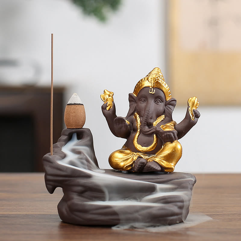 Buddha Stones Ganesh Słoń Fioletowa Glina Fontanna Dymna Cofania Ochrona Pałeczka Kadzidełka - Złoty 10,1*11cm - image 3