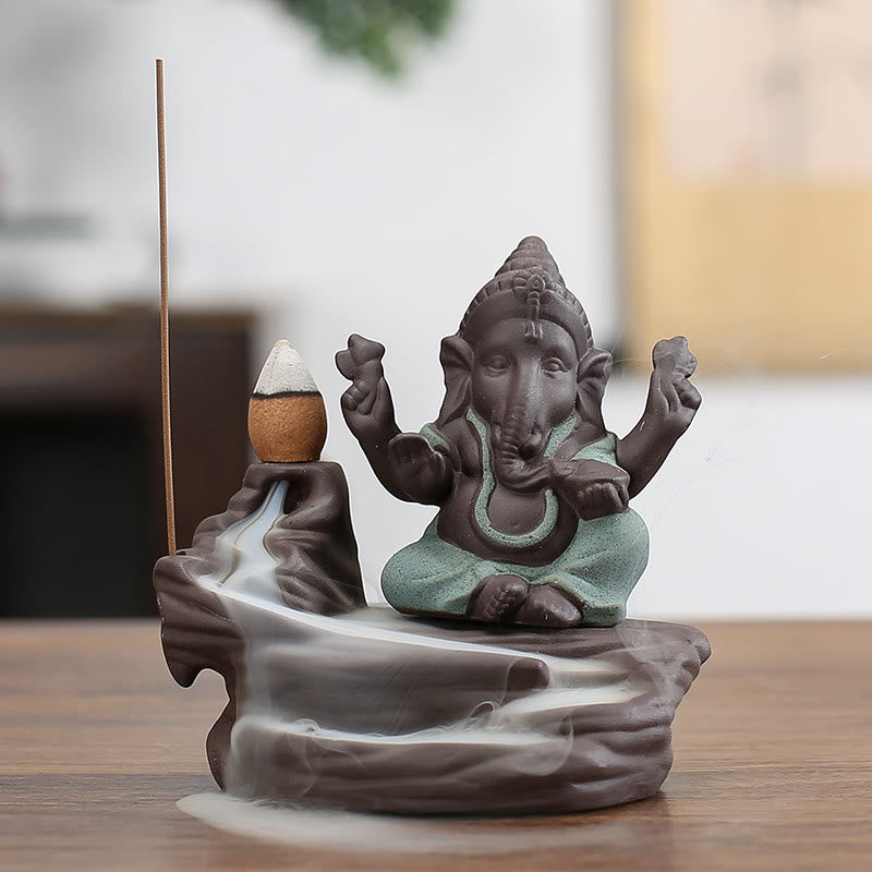 Buddha Stones Ganesh Słoń Fioletowa Glina Fontanna Dymna Cofania Ochrona Pałeczka Kadzidełka - Zielony 10,1*11cm - image 8
