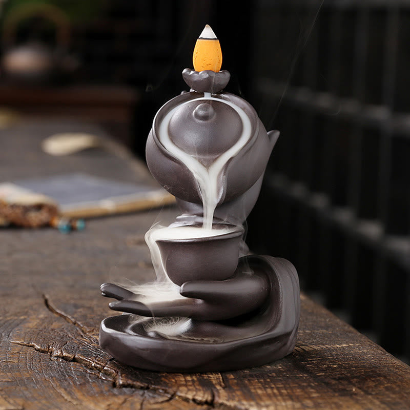 Buddha Stones Buddy Trzymająca Czajnik Filiżanka Ceramiczna Fontanna Dymna Z Cofaniem Uzdrawiająca Kadzielnica Dekoracja - image 1