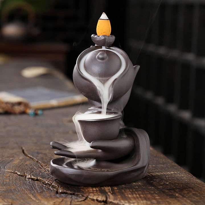 Buddha Stones Buddy Trzymająca Czajnik Filiżanka Ceramiczna Fontanna Dymna Z Cofaniem Uzdrawiająca Kadzielnica Dekoracja - image 1