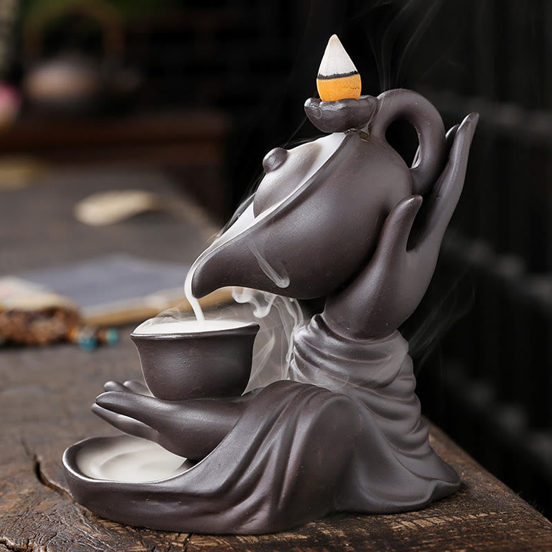 Buddha Stones Buddy Trzymająca Czajnik Filiżanka Ceramiczna Fontanna Dymna Z Cofaniem Uzdrawiająca Kadzielnica Dekoracja - image 2