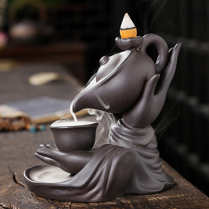 Buddha Stones Buddy Trzymająca Czajnik Filiżanka Ceramiczna Fontanna Dymna Z Cofaniem Uzdrawiająca Kadzielnica Dekoracja - image 2