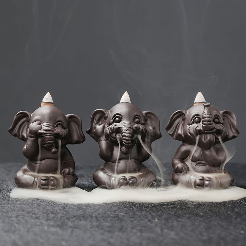 Buddha Stones Uroczy Słoń Fioletowa Glina Cofanie Dymu Fontanna Pokój Uzdrawiający Kadzidło Palnik Dekoracja - Zestaw 3 słoni - image 1